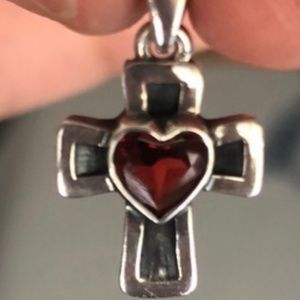 James Avery sterling silver cross with garnet heart pendant